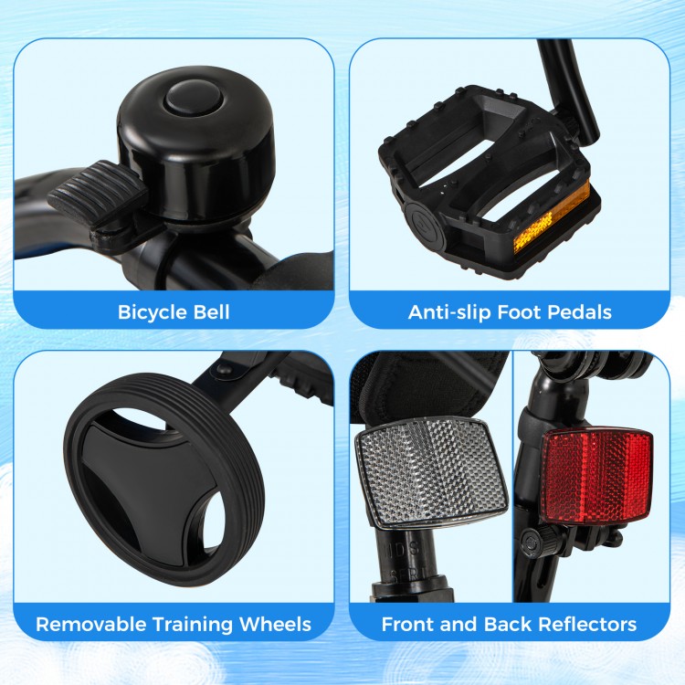 Bicycle bell, anti-slip foot pedals, removable training wheels, and reflectors on a 16-inch kids bike for safe riding.
