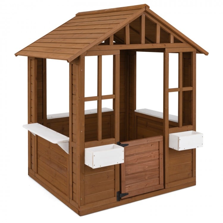 Outdoor playhouse made of premium fir wood with serving stations, windows, and a door, perfect for kids over 2 years.