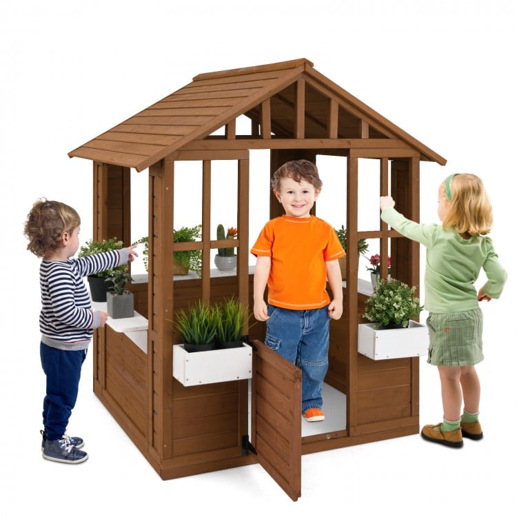 Outdoor playhouse featuring children engaging in role play through the door and windows, designed for kids over 2 years.