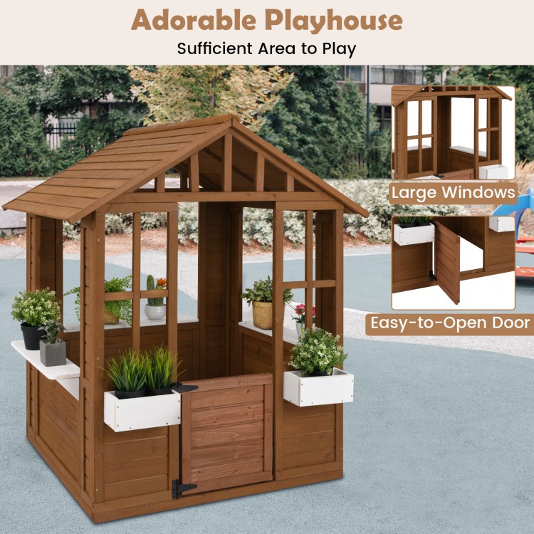 Outdoor playhouse with tilt roof, windows, and door, made of fir wood, ideal for kids over 2 years old.