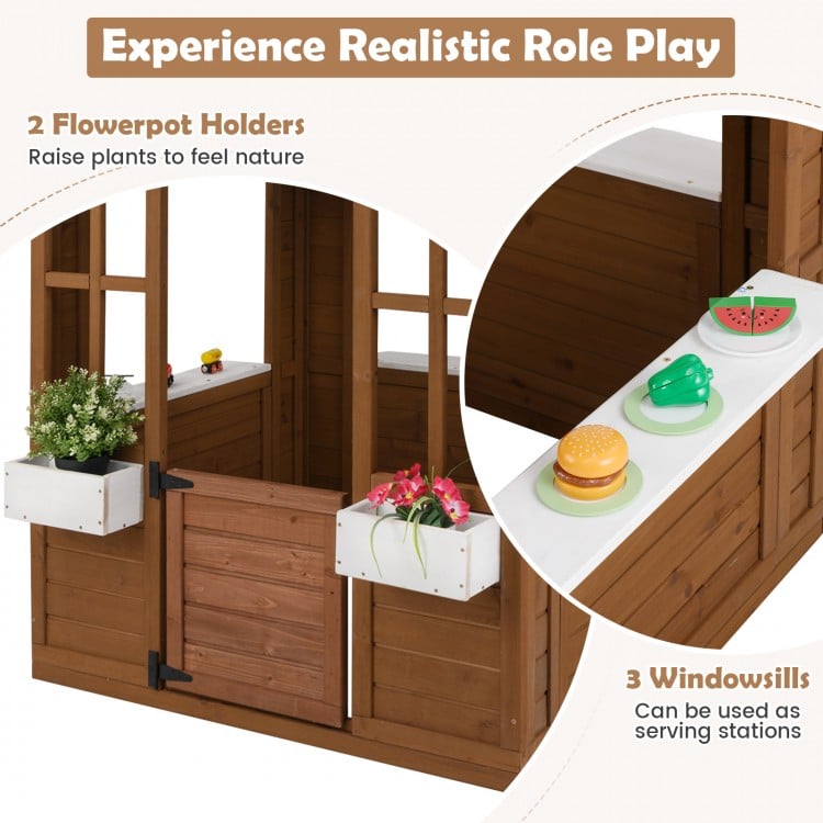 Outdoor playhouse featuring 2 flowerpot holders and 3 windowsills, perfect for immersive role play for kids over 2.