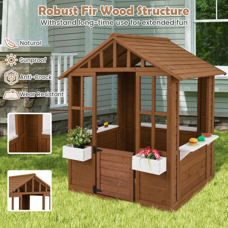 Outdoor playhouse made of fir wood with serving stations, windows, and door, perfect for kids over 2 years old.