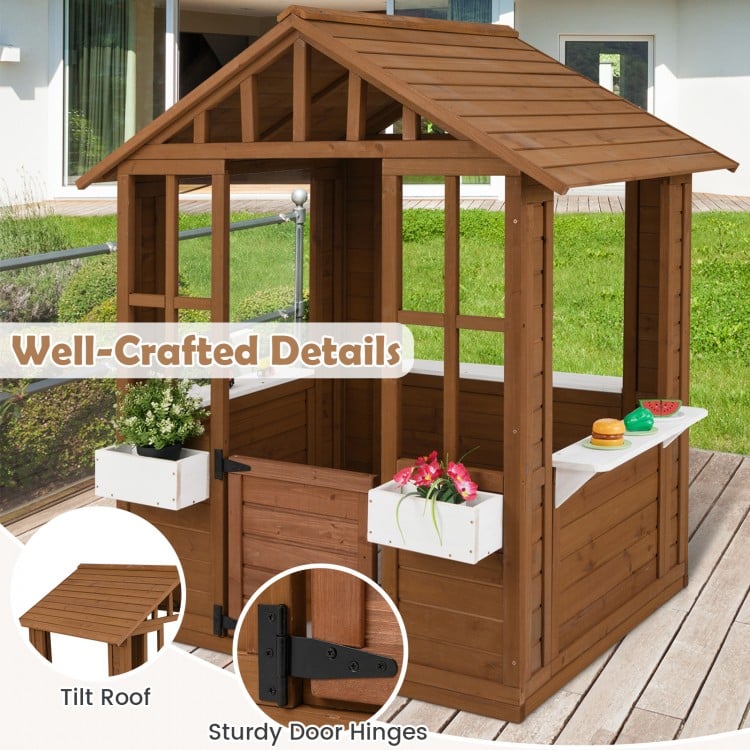 Outdoor playhouse with tilt roof, sturdy door hinges, and plant holders for kids over 2 years old, perfect for.