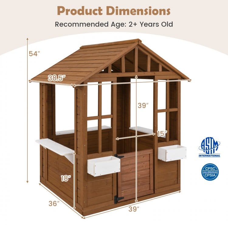 Outdoor playhouse with serving stations, made of fir wood, featuring windows, door, and dimensions for kids 2+.