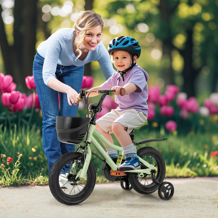 Kids bike with adjustable seat and training wheels, perfect for ages 3-4, shown with a child and parent in a garden.
