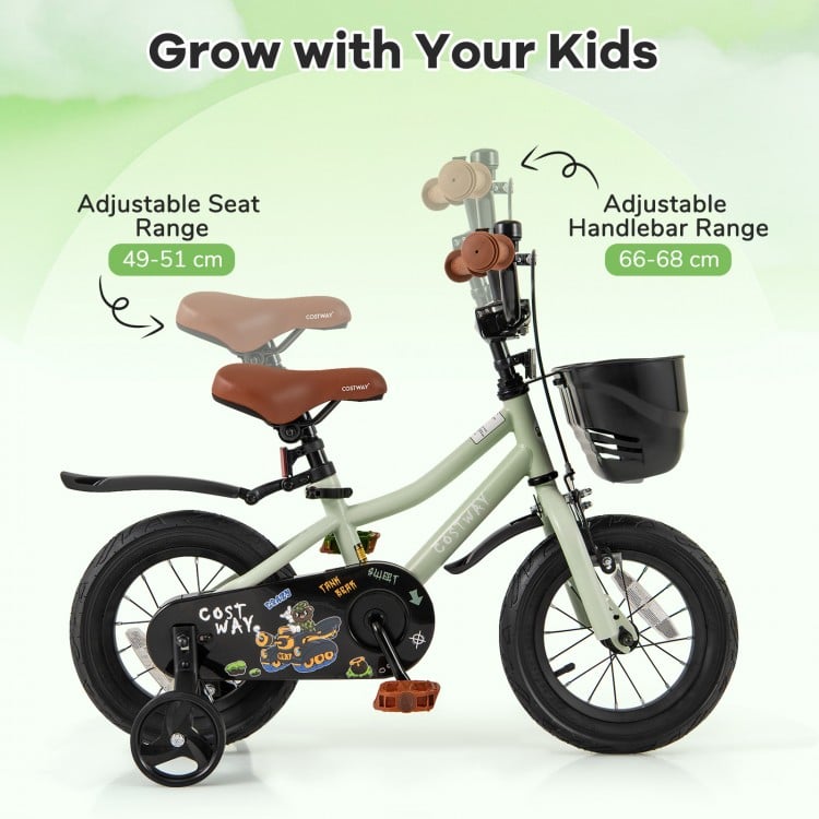 12-inch kids bike with adjustable seat and training wheels, featuring a dual brake system for safety and confidence.