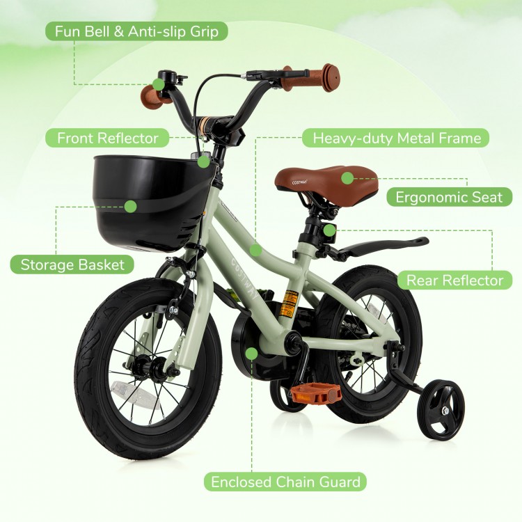 12-inch kids bike with adjustable seat, training wheels, storage basket, and ergonomic seat for safe riding.