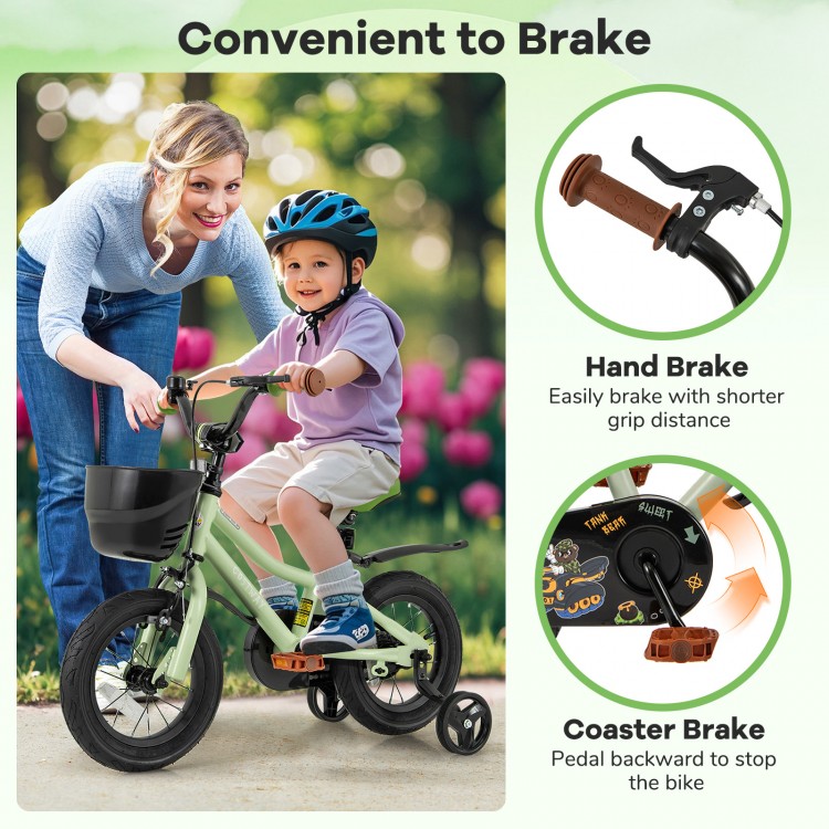 12-inch kids bike with adjustable seat, hand brake, and training wheels for safety and confidence in young riders.