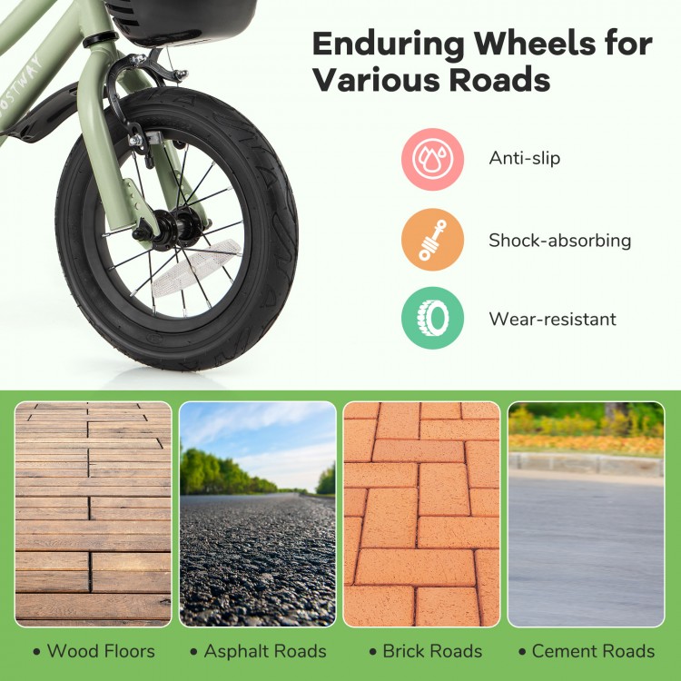 Close-up of the 12-inch kids bike wheel, showcasing anti-slip, shock-absorbing, wear-resistant features for various.