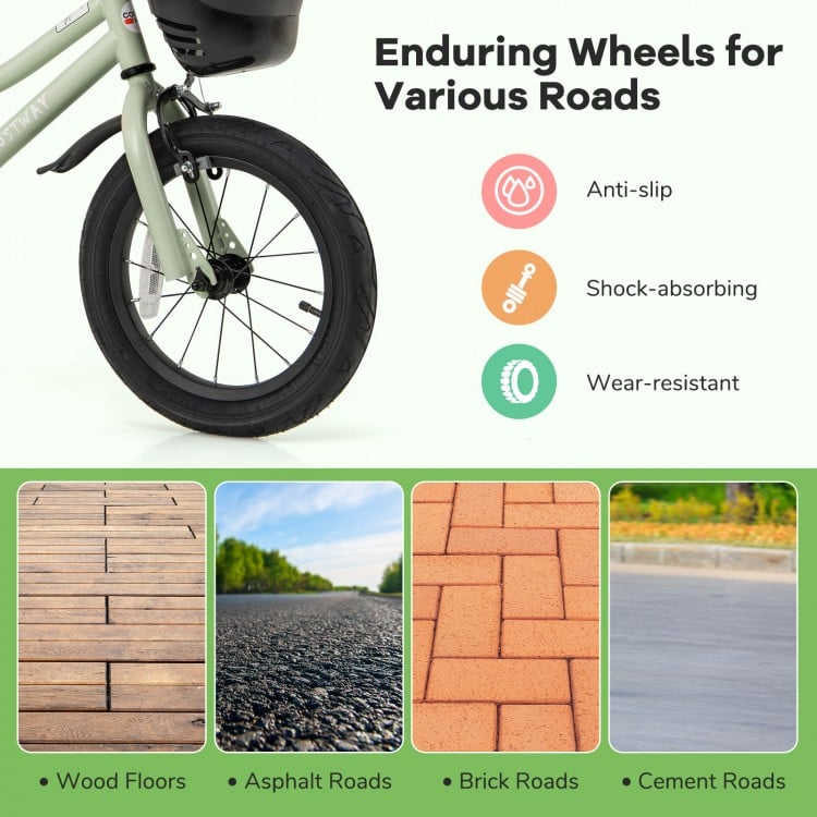 Close-up of the 14-inch kids bike wheel, showcasing wear-resistant design for various surfaces like asphalt and brick.