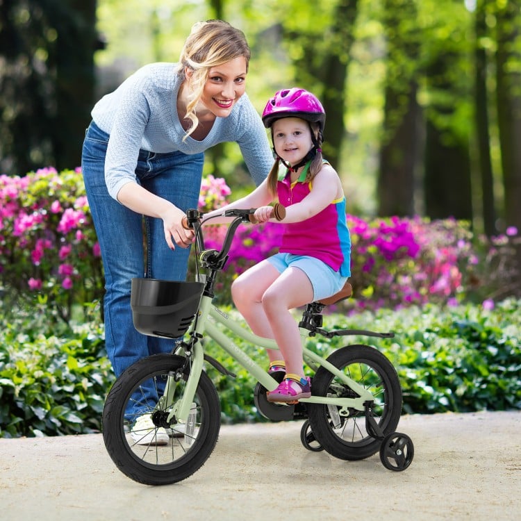 14-inch kids bike with training wheels, adjustable seat, and dual brake system for children aged 3-5 years old.