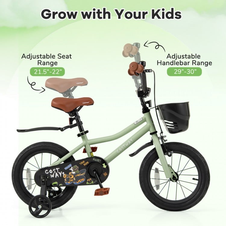 14-inch kids bike with adjustable seat and handlebars, featuring training wheels for safety and confidence building.