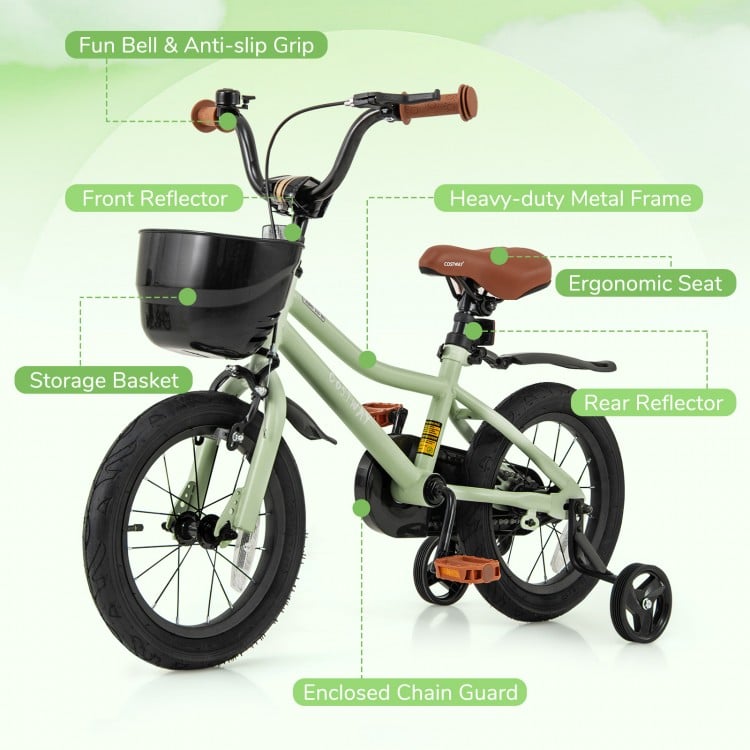 14-inch kids bike with adjustable seat, training wheels, and storage basket for safe and fun riding for ages 3-5.
