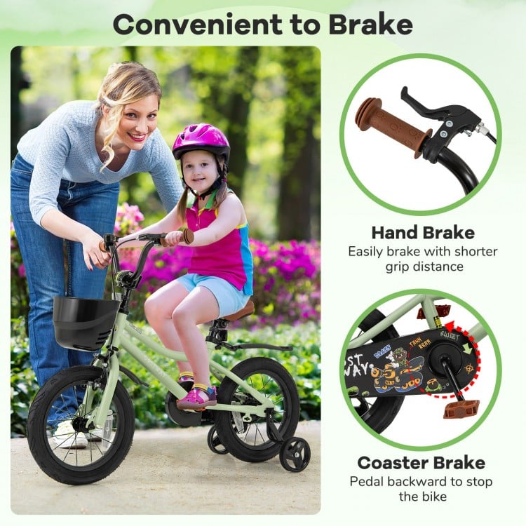 14-inch kids bike with adjustable seat, hand brake, and training wheels, perfect for ages 3-5 for safe riding.