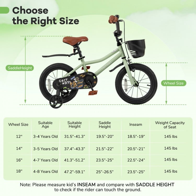 14-inch kids bike with adjustable seat and training wheels, suitable for ages 3-5, featuring dual brakes and sturdy.