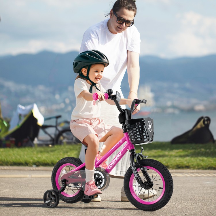 12-inch kids bike in pink with adjustable seat, dual brake system, and front basket, perfect for children aged 3-4.