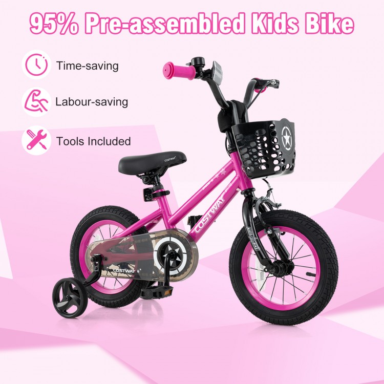 12-inch kids bike in pink with front basket, dual brakes, adjustable seat, and removable training wheels for ages 3-4.