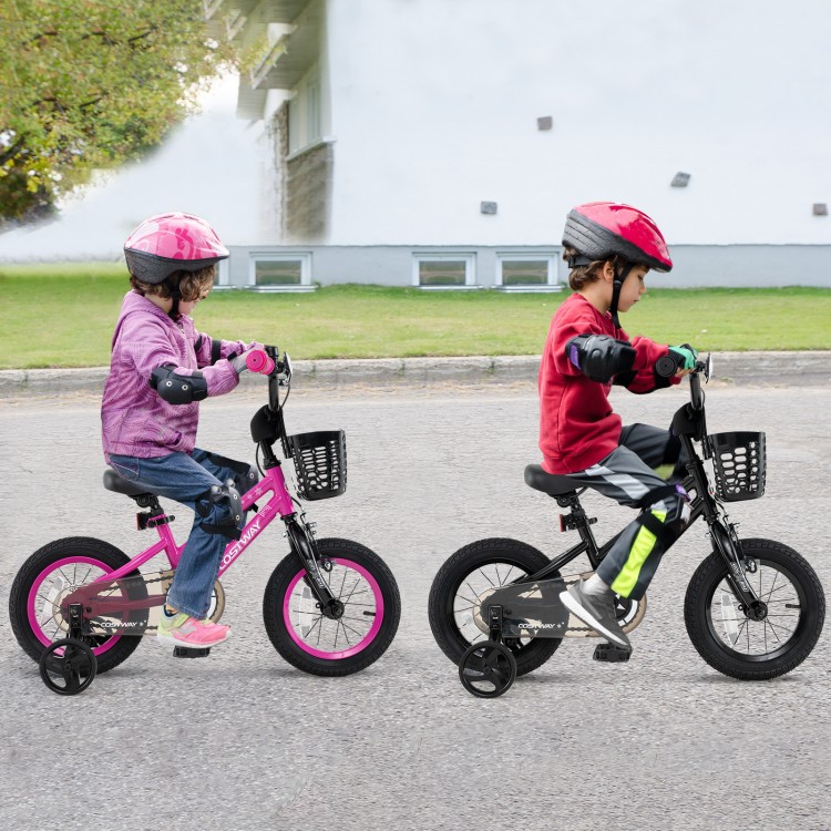 Two kids riding 12-inch adjustable bikes with front baskets, featuring training wheels and dual brake systems for.