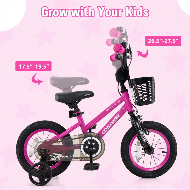 12-inch kids bike in pink with adjustable seat, front basket, and dual brake system for children aged 3-4 years old.