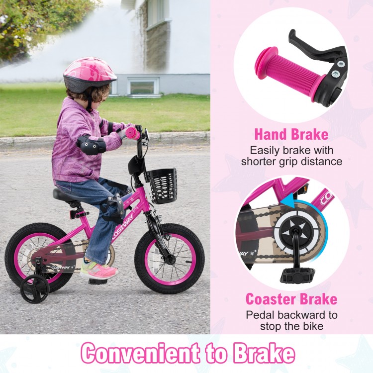 12-inch kids bike with hand brake and coaster brake, featuring adjustable seat and front basket for children aged 3-4.