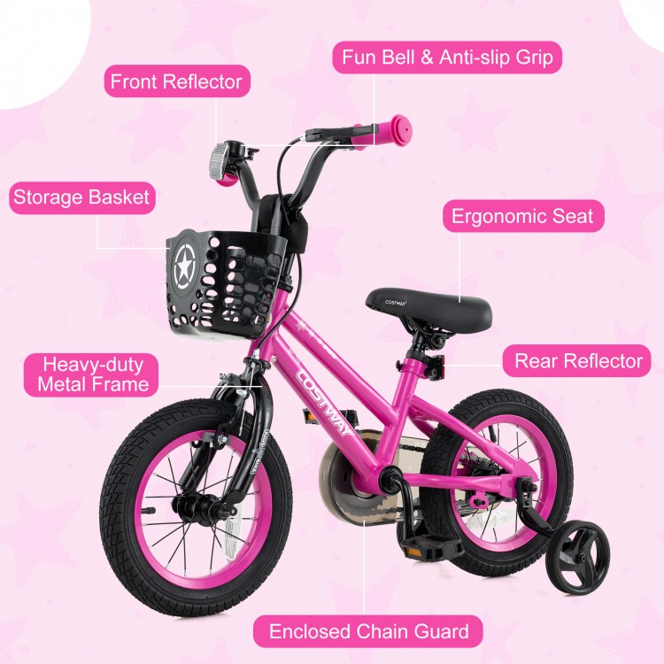 12-inch kids bike in pink with adjustable seat, front basket, dual brakes, and removable training wheels for ages 3-4.