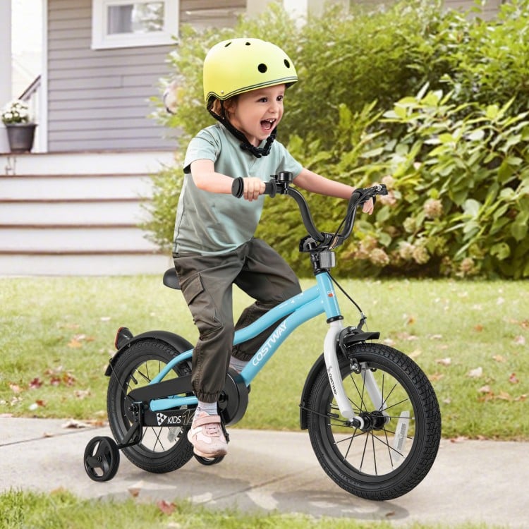 14-inch kids bike with training wheels, adjustable seat, dual brakes, and anti-puncture tires for safe riding.