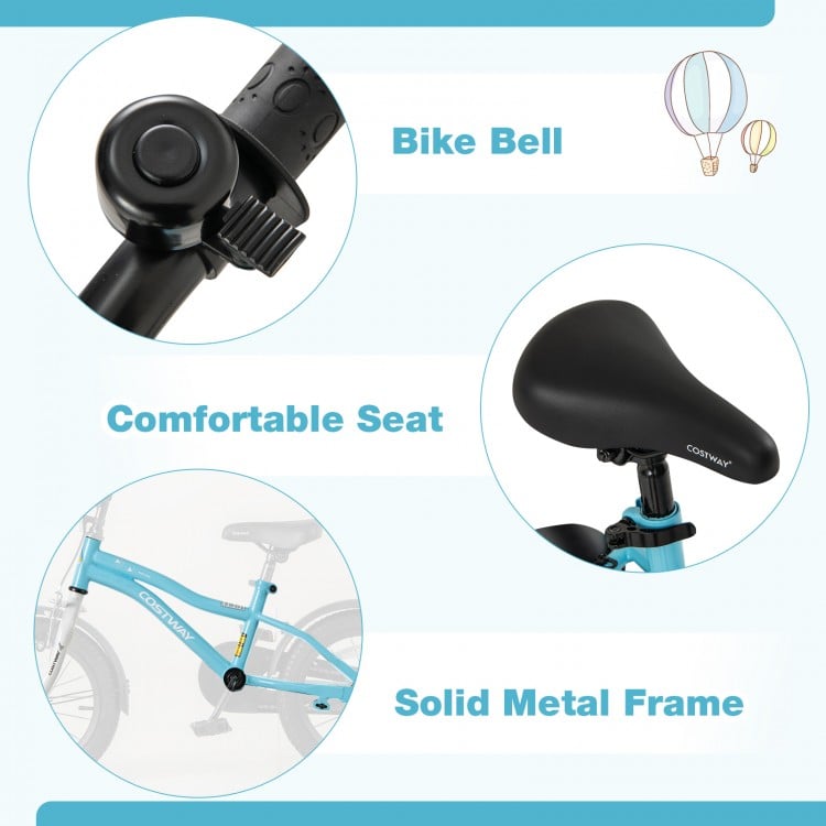 Bike bell, comfortable seat, and solid metal frame of the 14-inch kids bike for ages 3-5 with training wheels.