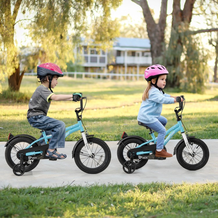 Two kids riding 14-inch bikes with training wheels, featuring adjustable seats and dual brake methods for safety.