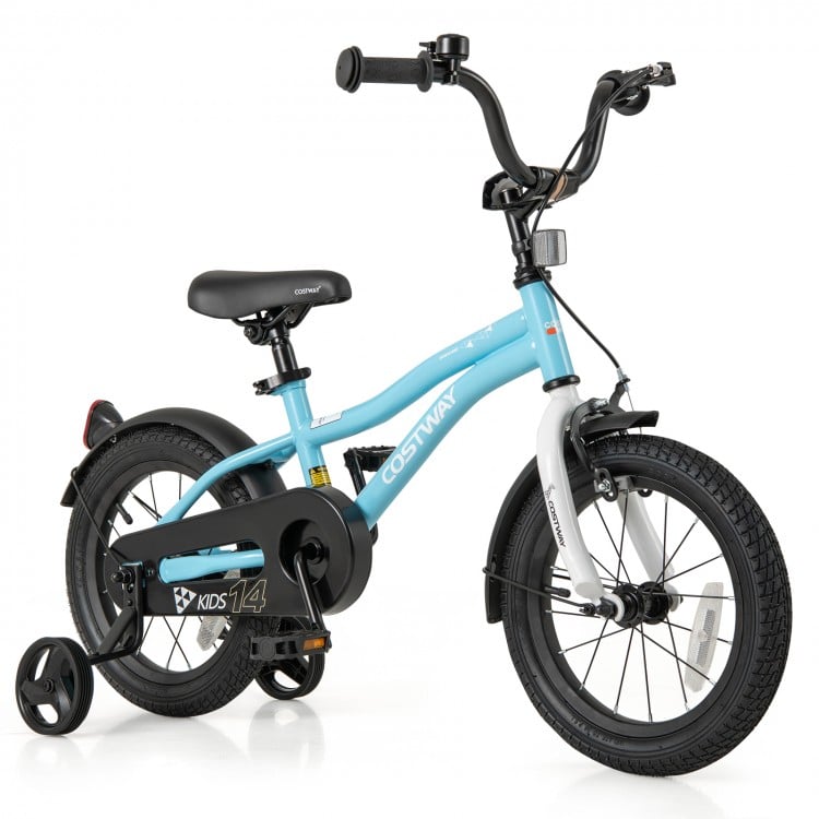 14-inch kids bike in blue with training wheels, adjustable seat, dual brakes, and anti-puncture tires for safety.