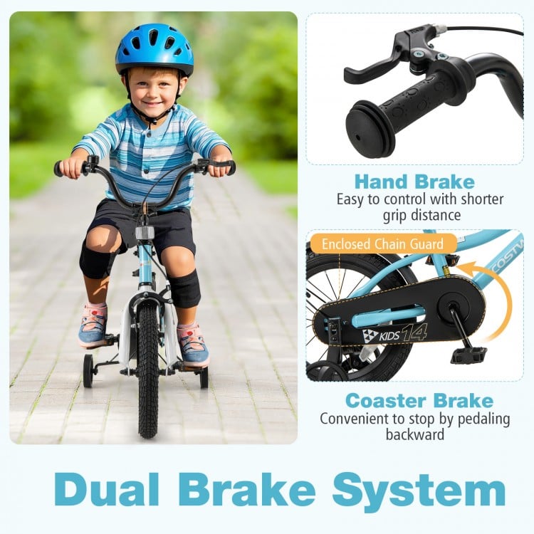 14-inch kids bike featuring a dual brake system with hand brake and coaster brake, ideal for children aged 3-5 years.
