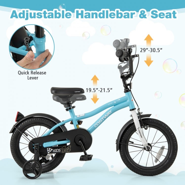 14-inch kids bike with adjustable seat and handlebars, dual brakes, and detachable training wheels for ages 3-5.