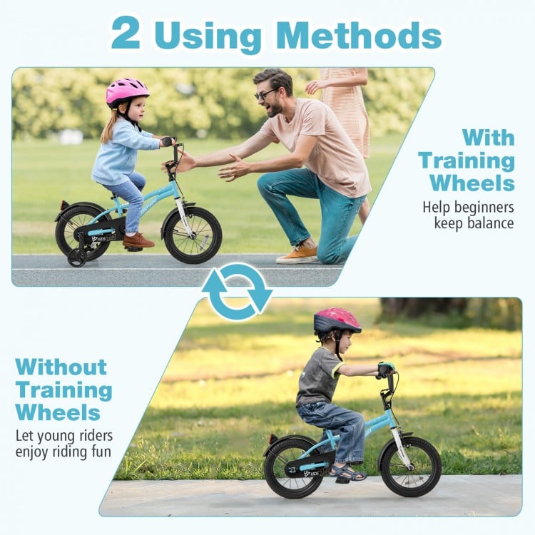 14-inch kids bike showing two methods: with training wheels for balance and without for confident riding.