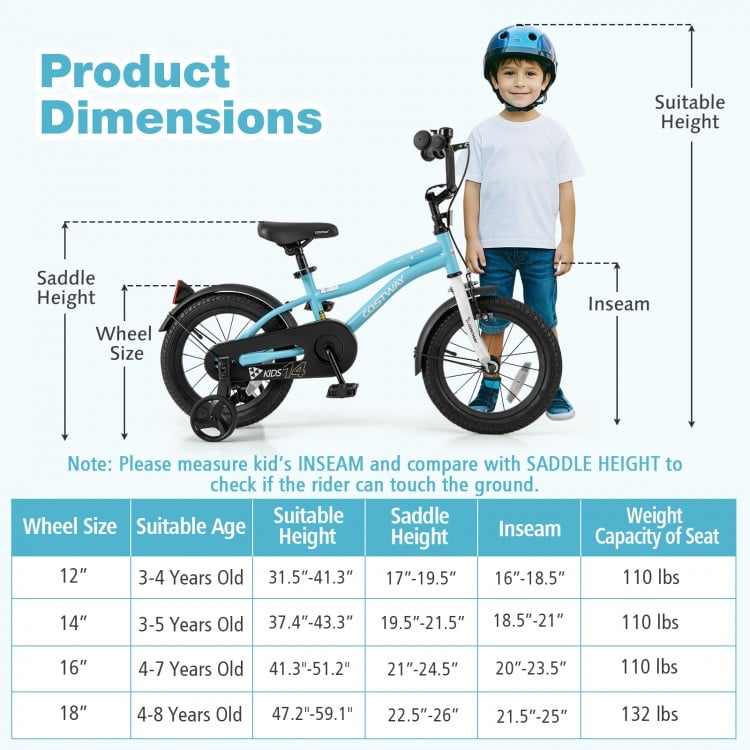 14-inch kids bike with adjustable seat, dual brakes, and training wheels, perfect for children aged 3-5 years.
