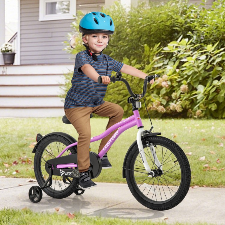 Kids 18-inch bike in pink with training wheels, adjustable seat, dual brakes, and anti-puncture tires for ages 4-8.