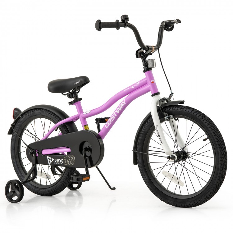 18-inch kids bike in purple with adjustable seat, dual brakes, and detachable training wheels for ages 4-8.
