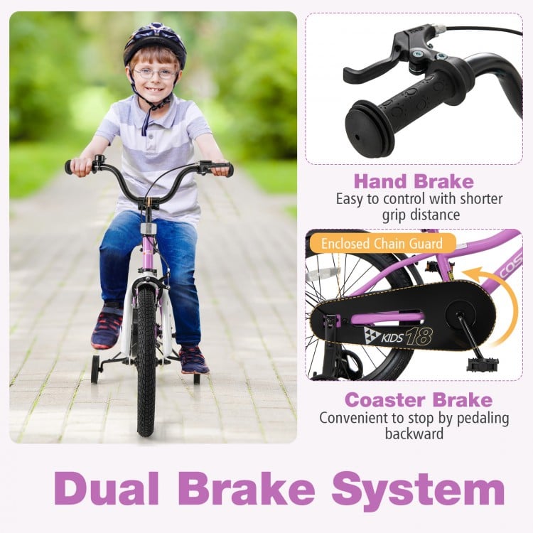 Kids bike with 18-inch wheels featuring dual brake system, adjustable seat, and detachable training wheels for ages 4-8.