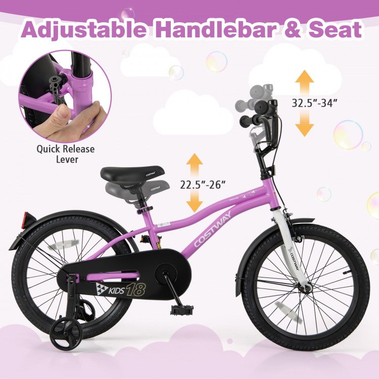 Kids bike with adjustable handlebar and seat, featuring dual brakes and detachable training wheels for ages 4-8.