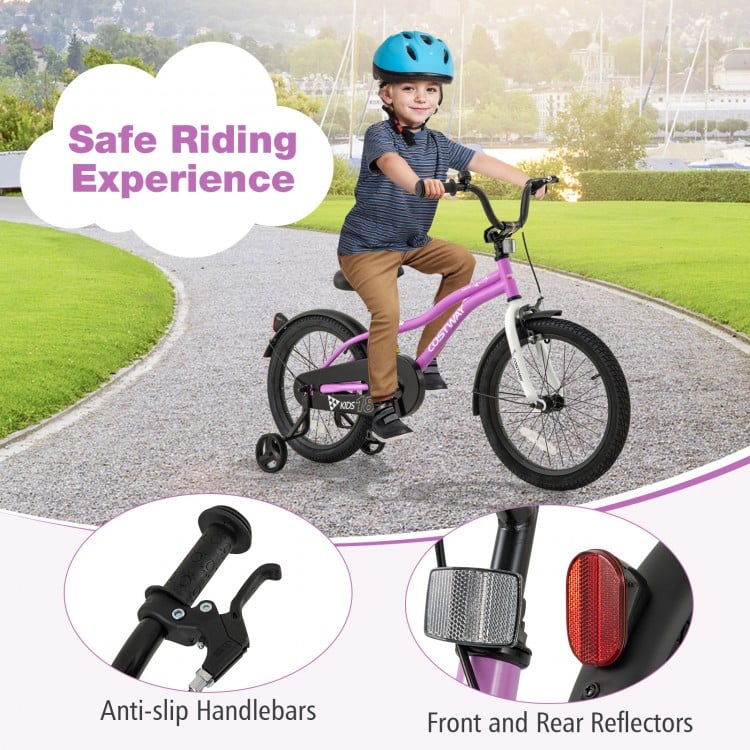 Kids bike with 18-inch frame, anti-slip handlebars, dual brakes, and training wheels for safe riding experience.