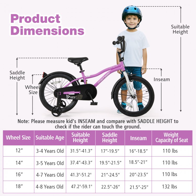 Kids bike dimensions chart showing suitable ages, inseam, saddle height, and weight capacity for 18-inch bicycle.