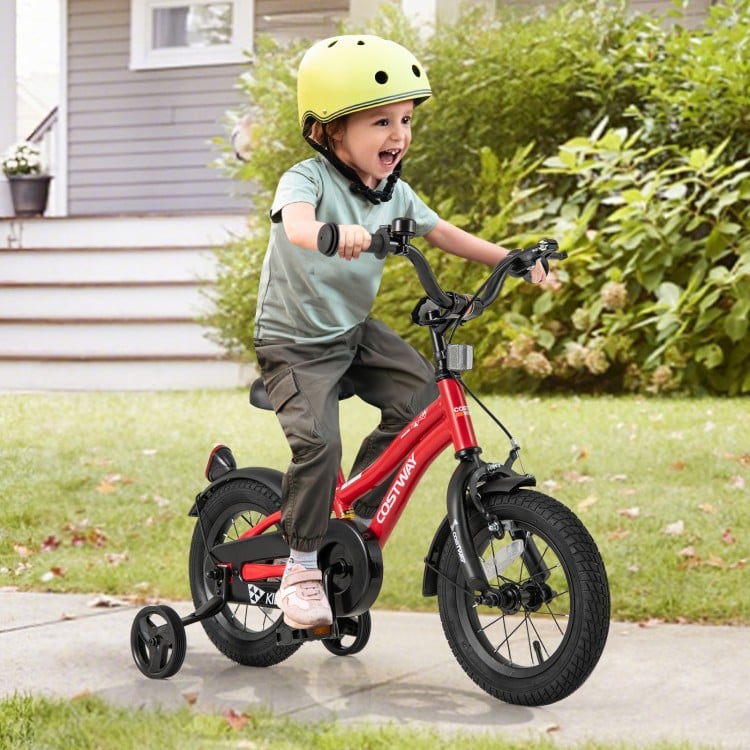 Red 12-inch kids bike with adjustable seat, training wheels, and reflectors, perfect for children aged 3-4 years.