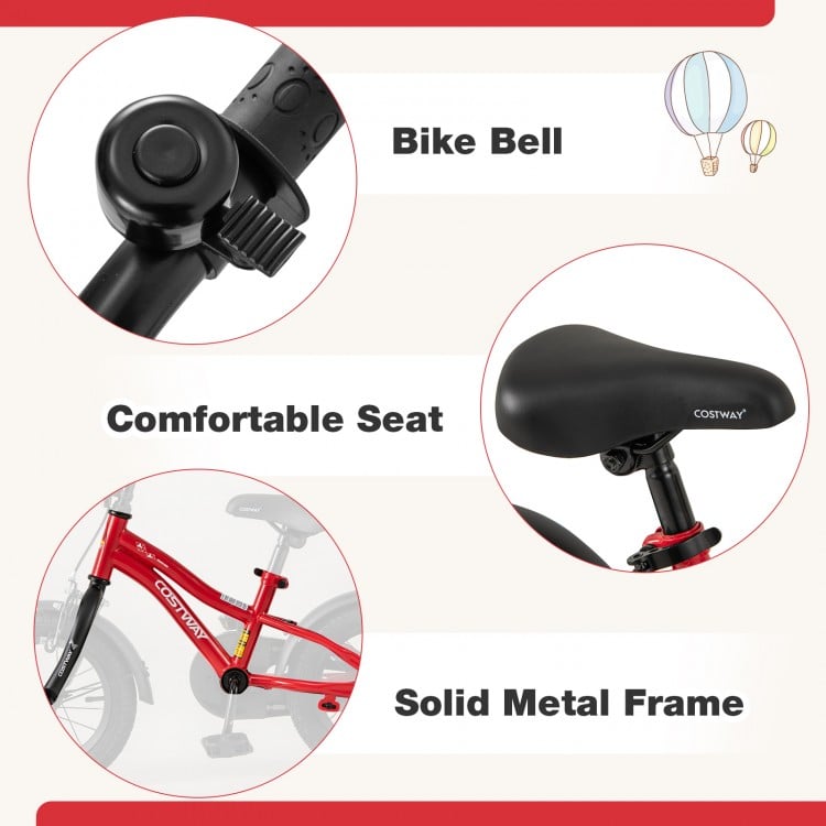 Close-up of the comfortable seat and bike bell on a 12-inch kids bike with a solid metal frame for ages 3-4.