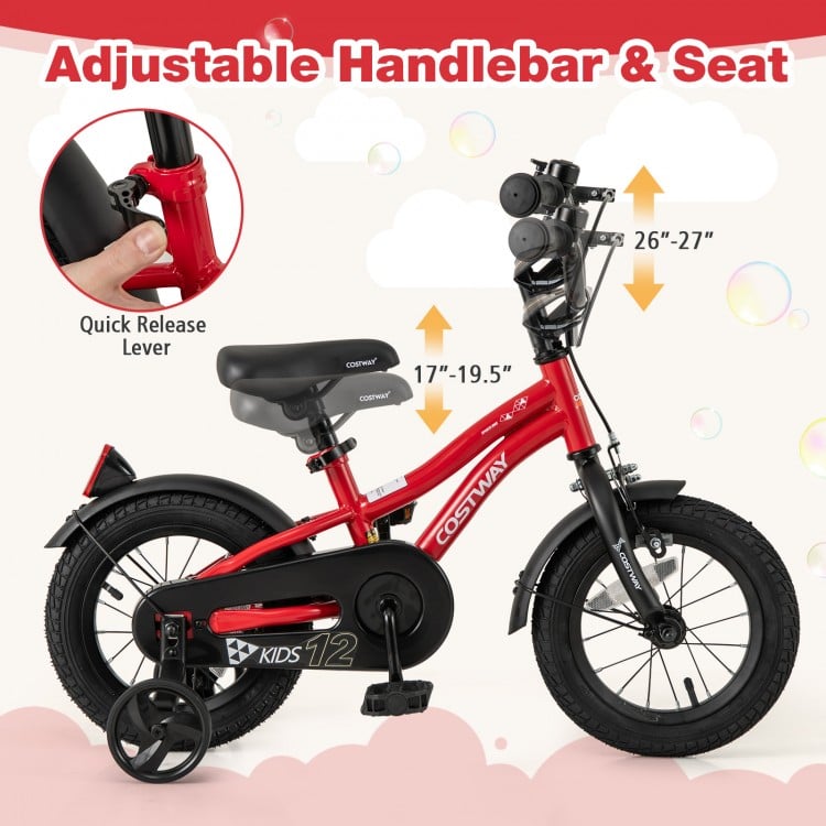 Adjustable 12-inch kids bike in red with training wheels, reflectors, and bell, ideal for ages 3-4 years.