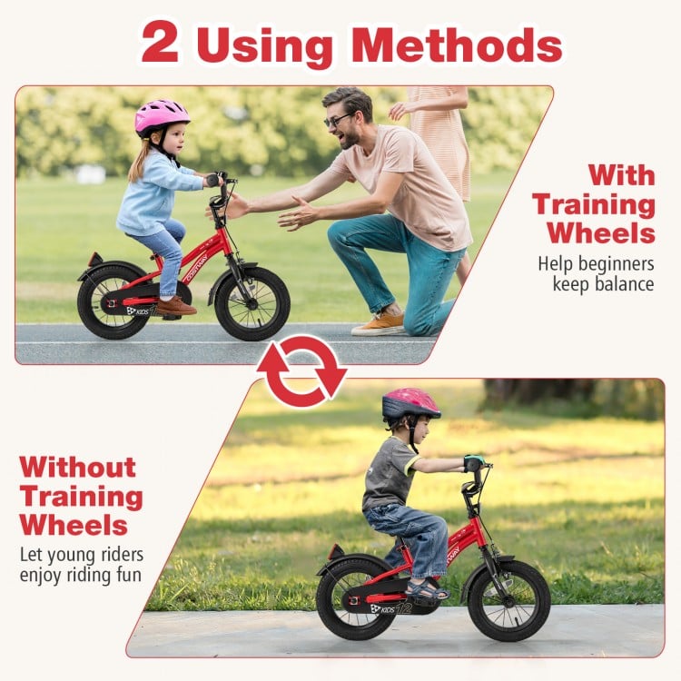 Kids bike with adjustable seat and handlebars, featuring training wheels for beginners and a robust metal frame for.