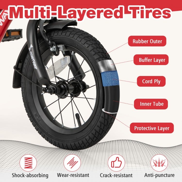 Close-up of multi-layered tires featuring a rubber outer and protective layer, designed for the 12-inch kids bike.