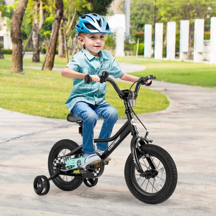12-inch kids bike with adjustable seat and handlebars, featuring training wheels and a hand brake for safety.