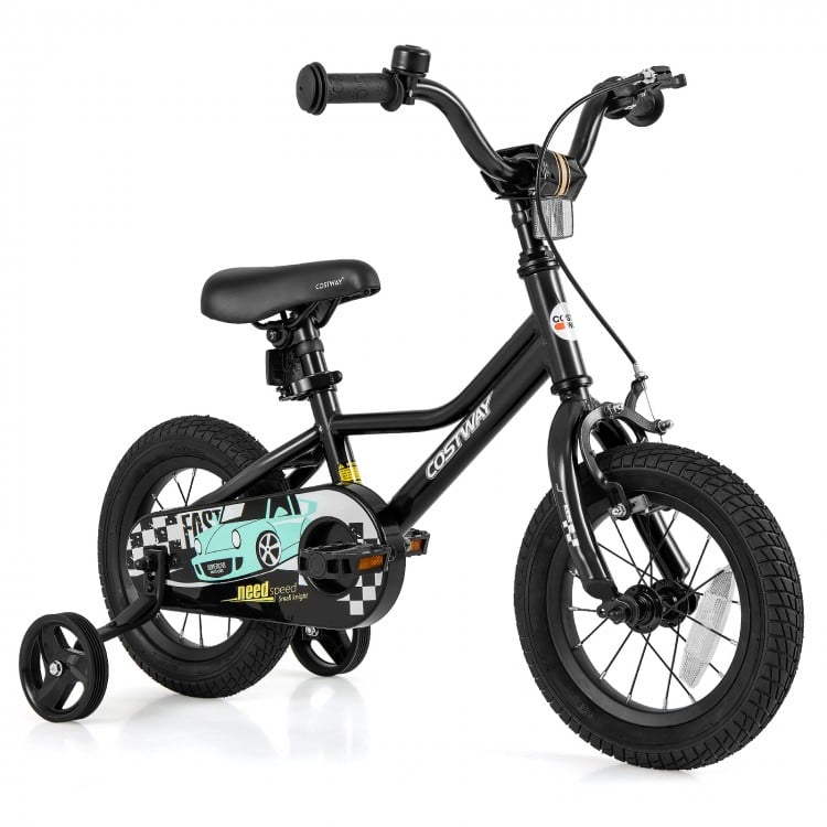 12-inch kids bike with adjustable saddle, hand brake, and removable training wheels for ages 3-4, featuring a low-step.