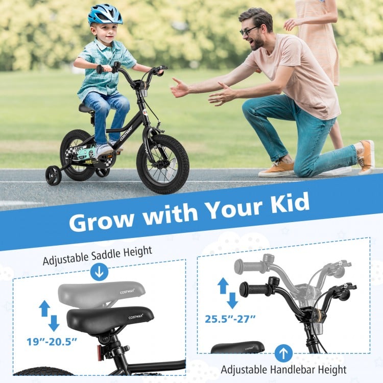 12-inch kids bike with adjustable saddle and handlebar heights, designed for ages 3-4, featuring training wheels for.