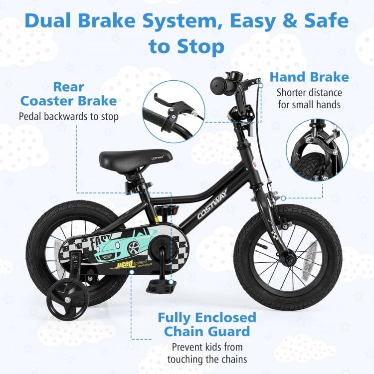 12-inch kids bike with adjustable saddle, hand brake, and training wheels for safe riding and easy stopping.