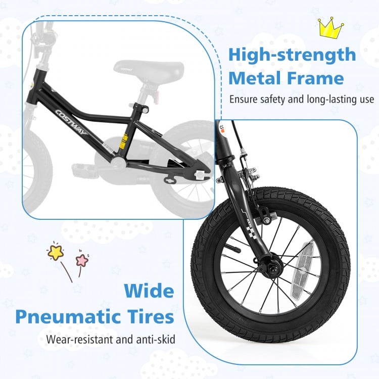 Close-up of the 12-inch kids bike's high-strength metal frame and wide pneumatic tires for stability and safety.