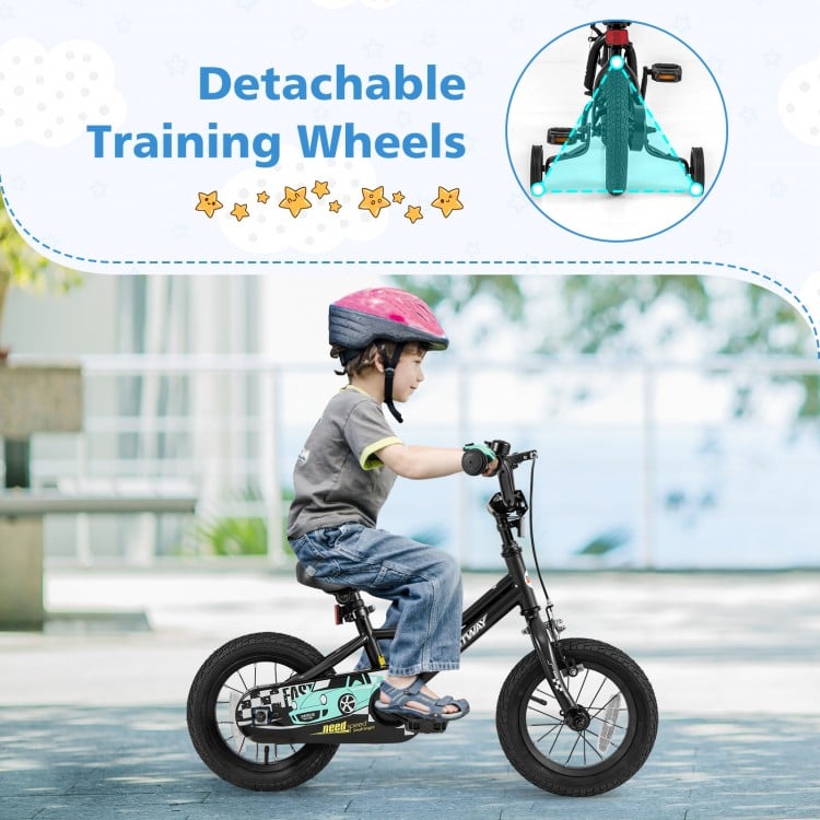 Kids bike with detachable training wheels, adjustable saddle, and hand brake, perfect for ages 3-4 for learning balance.